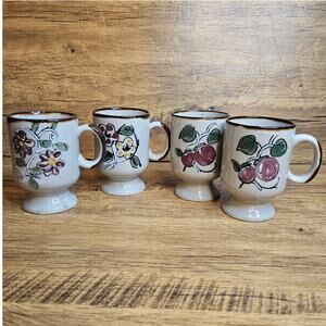 Vintage Stoneware Pedistal fluted ceramic mug Floral Fruit Mugs x 4